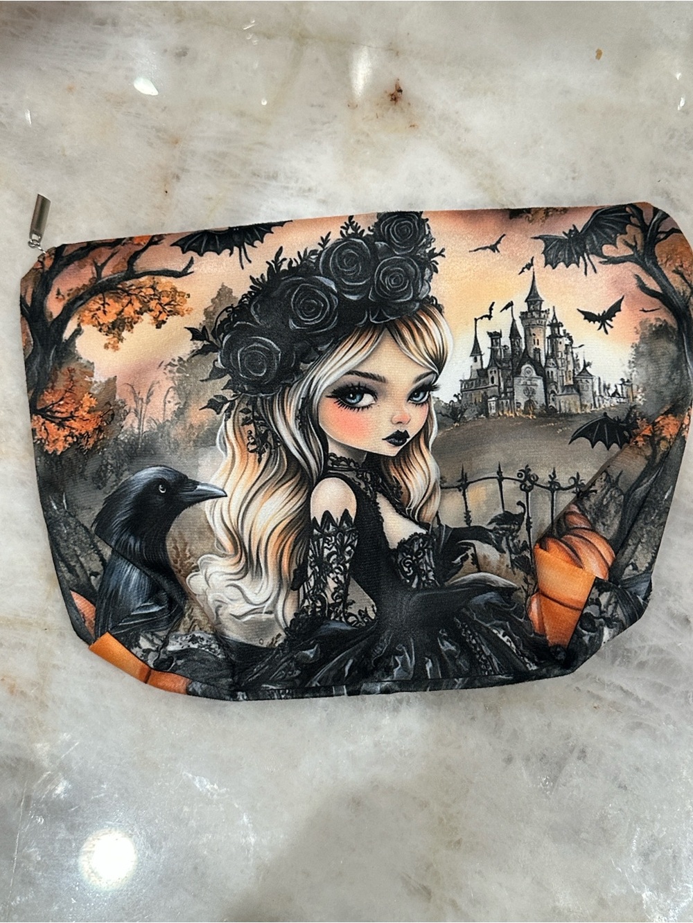 Gothic Girl Cosmetic Bag with Raven and Castle Art - Black & Orange